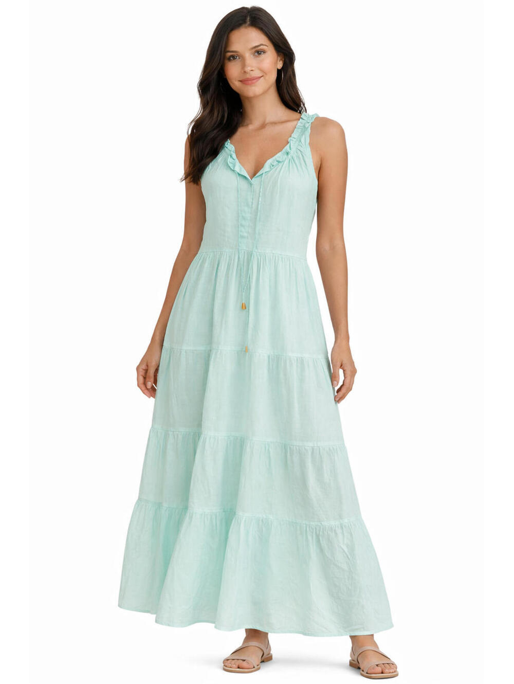 NWT Rhea Mint Green Maxi Dress S/M 100% Cotton Boho Tiered Semi Sheer Summer A22